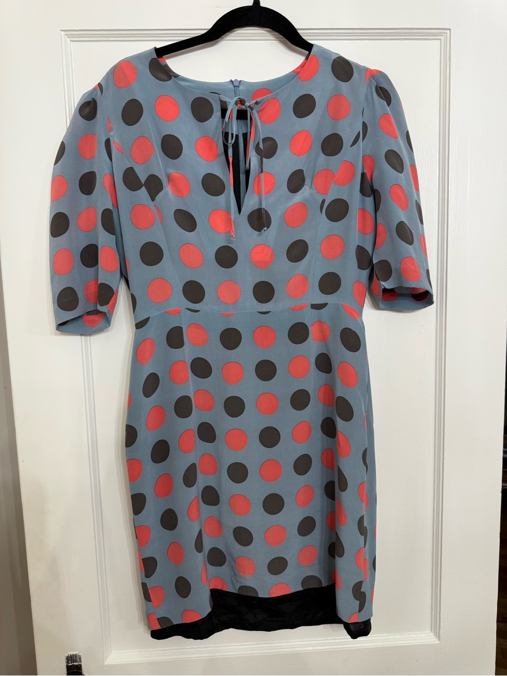 James Coviello Silk Blend Polka Dot Keyhole Midi Dress Blue Coral Grey